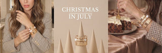 Christmas in July jewellery sale banner featuring handcrafted stackable gold, enamel and pearl bracelets by Leigh Avenue, shown in lifestyle scenes and festive display.