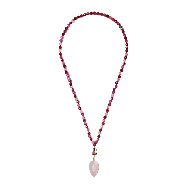 beaded neckpiece with rose quartz and shell