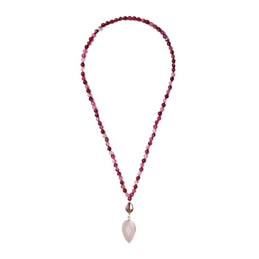beaded neckpiece with rose quartz and shell