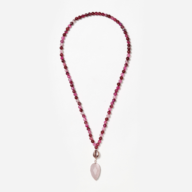 beaded neckpiece with rose quartz and shell