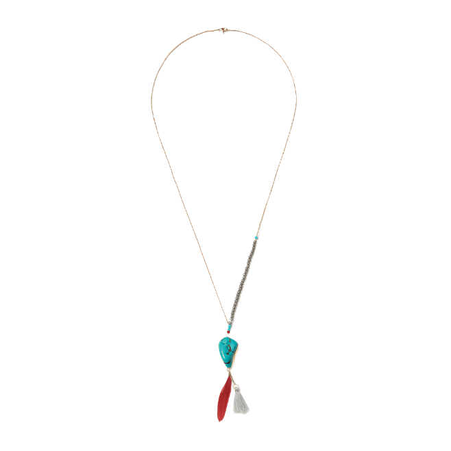 turquoise nugget feather and tassel on gold chain with crystal beads