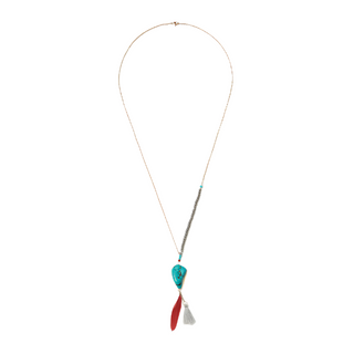 turquoise nugget feather and tassel on gold chain with crystal beads