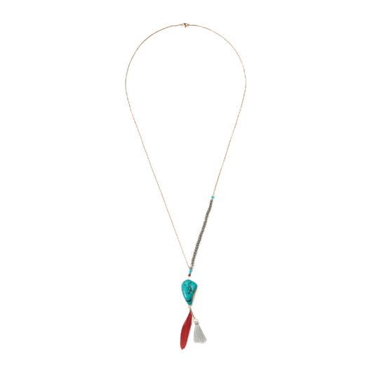 turquoise nugget feather and tassel on gold chain with crystal beads