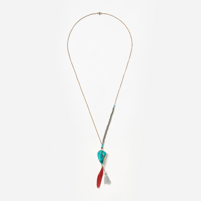 turquoise nugget feather and tassel on gold chain with crystal beads