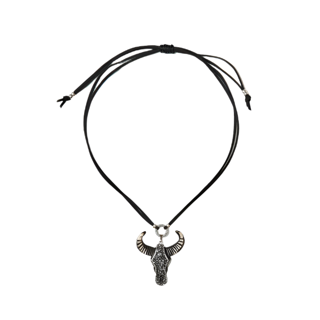 adjustable black cattle skull neckpiece