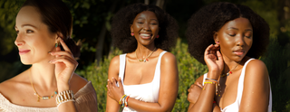 Women with different hairstyles and accessories in a natural setting