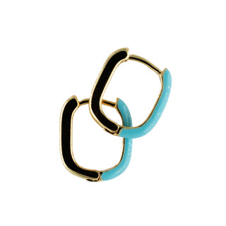 Turquoise resin hoop earrings with a polished gold-tone frame, combining vibrant colour with a sleek contemporary silhouette.