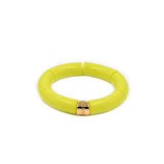Morning Marabi stretch bracelet featuring bright lime green resin links with a polished gold Leigh Avenue accent bead.