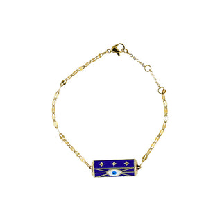 Exploring Dory Gold Bracelet featuring a polished gold-tone chain with a deep blue enamel centrepiece, accented by a protective eye motif and celestial-inspired detailing.