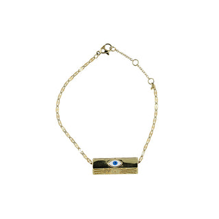Mister Ray Gold Bracelet crafted with a fine gold-tone chain and a polished rectangular centrepiece, featuring a striking blue evil eye and radiant sunburst engraving.