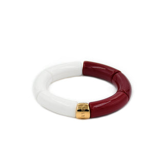 Two-tone resin bracelet featuring crisp white and rich burgundy rounded links, finished with a polished gold Leigh Avenue accent for a striking modern contrast.