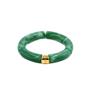 Marbled green resin bracelet with smooth rounded links and a polished gold Leigh Avenue accent, blending rich natural tones with a contemporary silhouette.