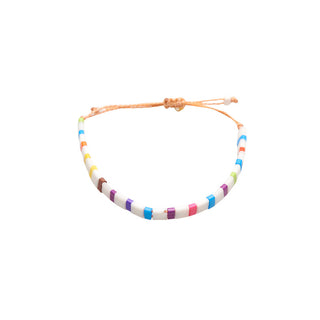 Adjustable white tile beaded bracelet featuring vibrant accents in purple, blue, pink, green, yellow, orange, and brown, finished with a comfortable sliding cord for a colourful everyday look.
