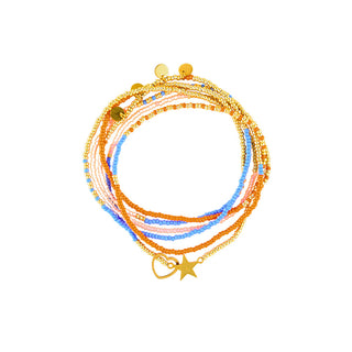 Multi-strand beaded necklace featuring vibrant blue, coral orange, blush pink, and polished gold beads, finished with delicate gold disc charms and a gold star pendant for a playful layered look.