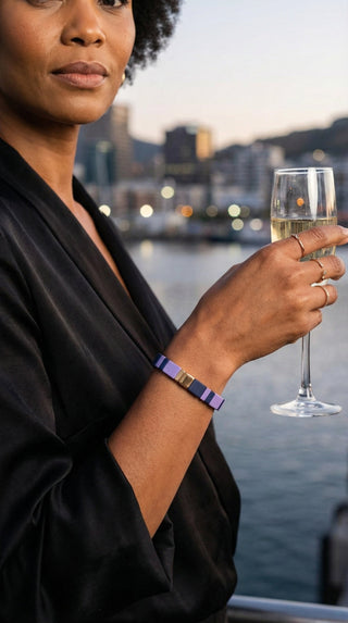 An elegant evening look enhanced by the Purple Reign Bracelet, pairing bold violet tones with effortless sophistication.